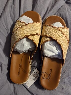 Maurices Tan Woven Scallop-Edge Slide Mules